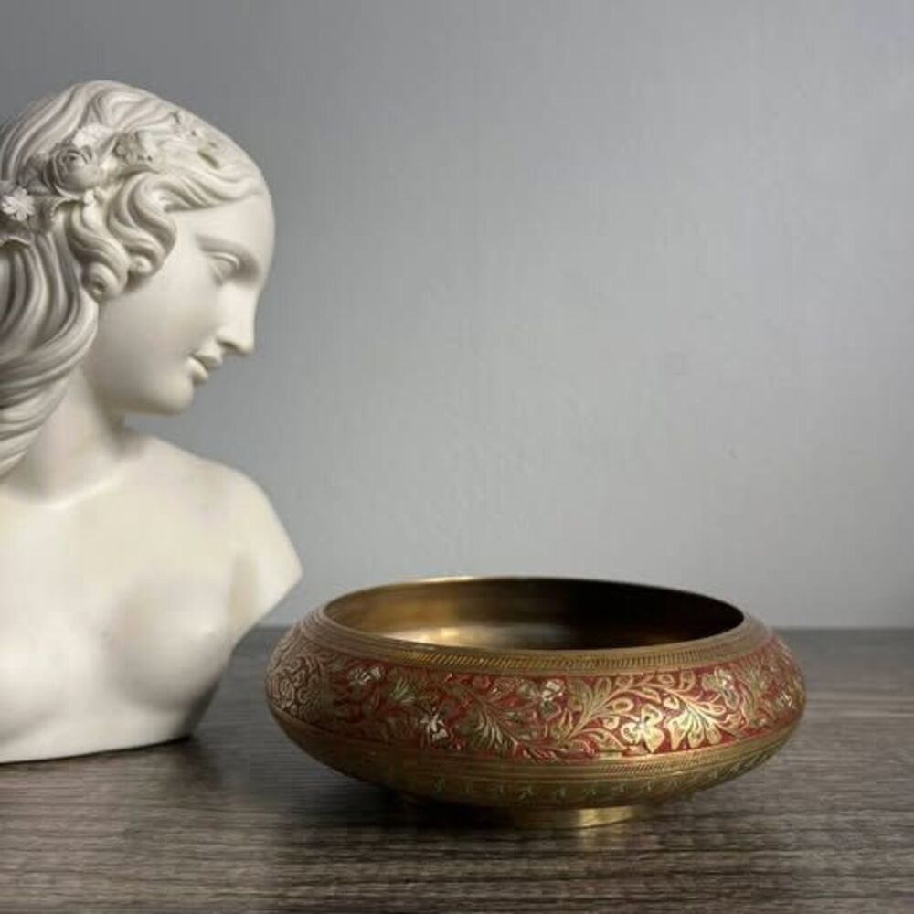 Vintage Etched Brass with Red Enamel Bowl